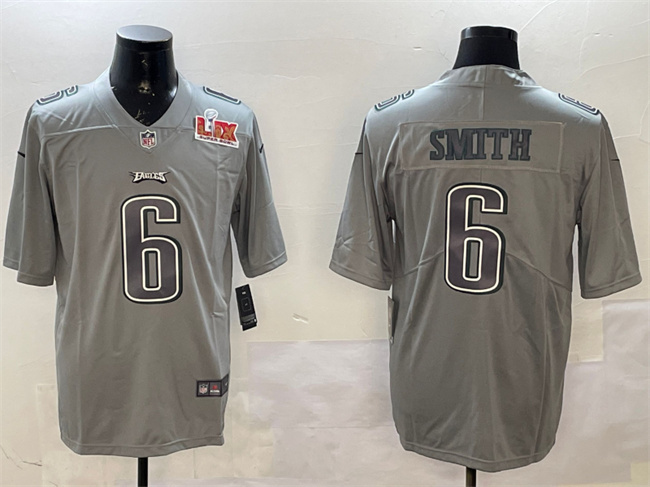 Men's Grey Philadelphia Eagles #6 DeVonta Smith 2025 Super Bowl LIX Patch Atmosphere Fashion Vapor Untouchable Limited Stitched Football Jersey